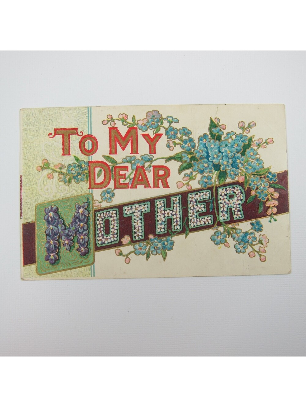 Postcard To My Dear Mother Forget Me Not Blue Flowers Gold Gilt Antique 1909